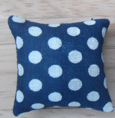 1/12th Scale Dolls House Printed Fabric Cushions: Spots Design in Blue & White