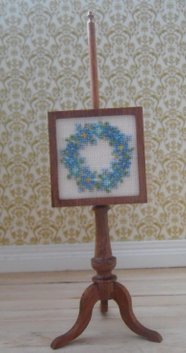 1/12th scale Dolls House Pole Screen, Square Frame Hand Embroidered Garland Design in Shades of Blue