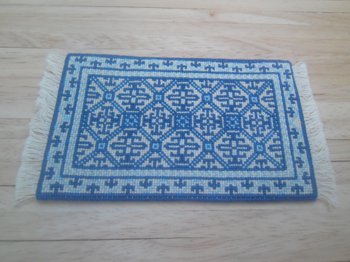 1/12th scale Dolls House Hand Embroidered Carpet Geometric Design in Blue & Cream